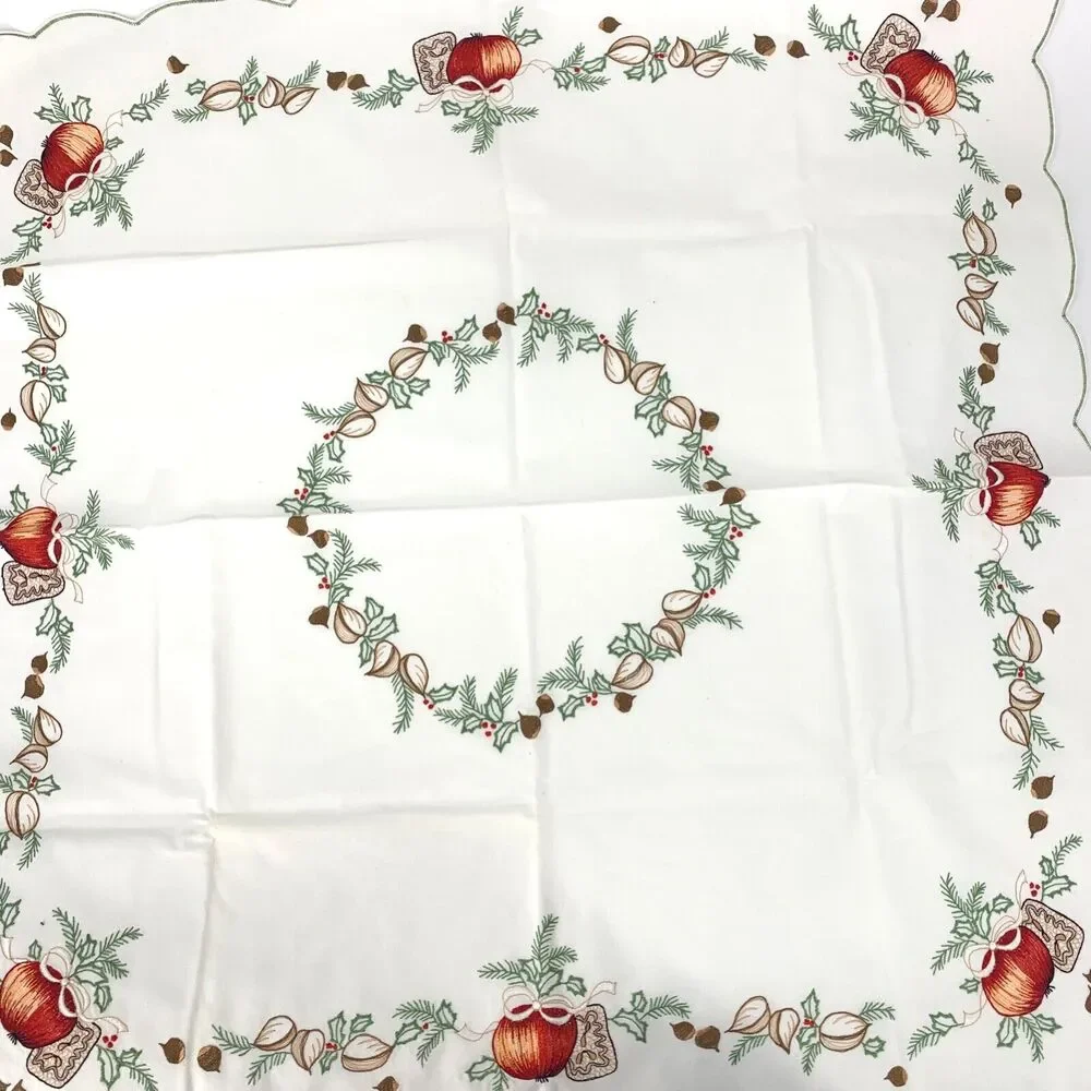 Vintage Embroidered Hand Made Table Square Fall Winter Theme Scalloped Edge